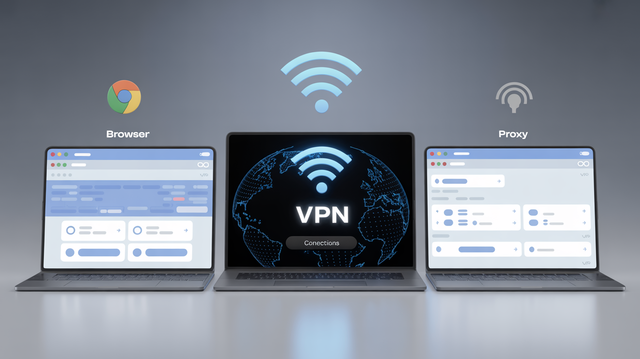 Digital setup comparing browser, VPN, and proxy connections.