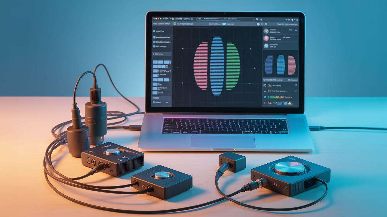 Audio equipment linked to a computer illustrating fingerprinting scripts.