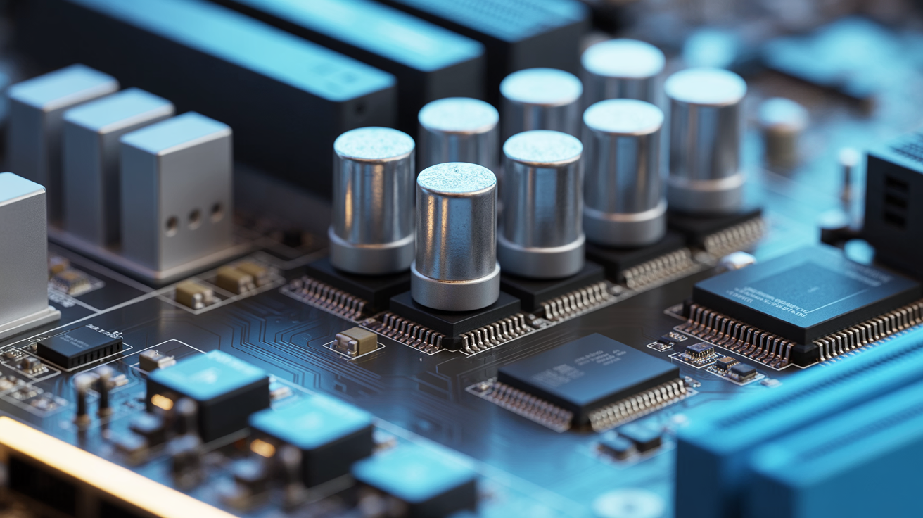 Motherboard with audio hardware and circuit paths in sharp detail.