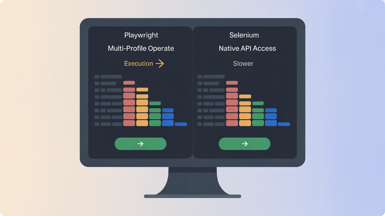 Monitor showing Playwright and Selenium scripts with speed comparison.