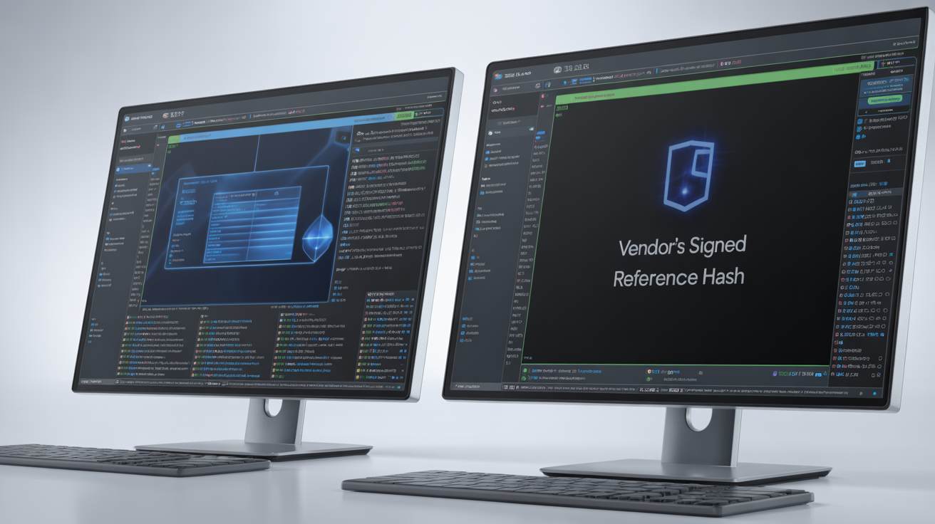 Two screens showing cryptographic and reference hashes comparison.