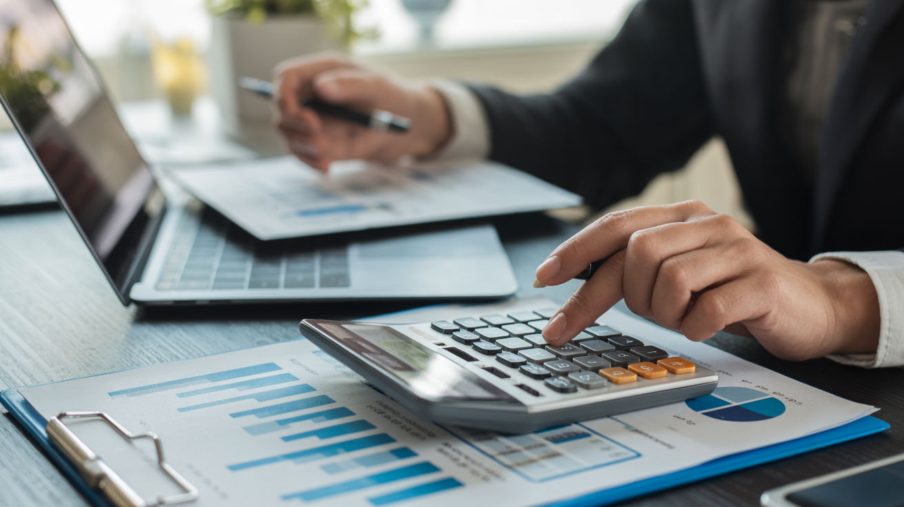Person calculating ROI using a laptop in office setting.
