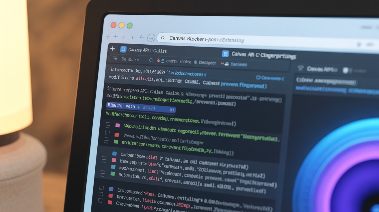 Browser window with canvas blocker extension settings displayed.