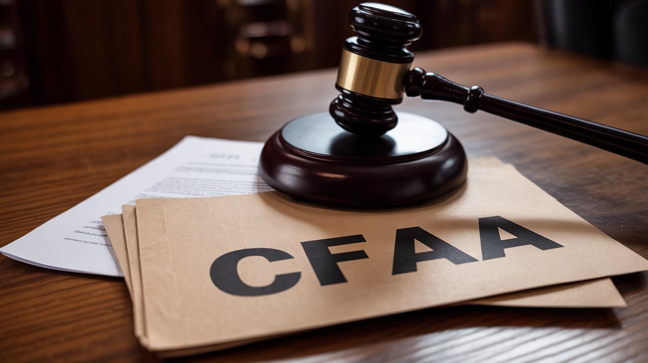 Courtroom with judge's gavel and CFAA papers on desk.