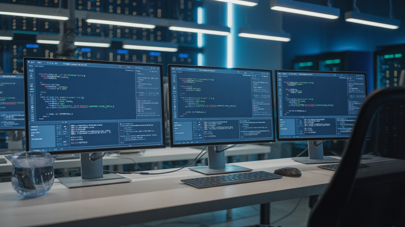 High-tech workspace with screens displaying C++ code.