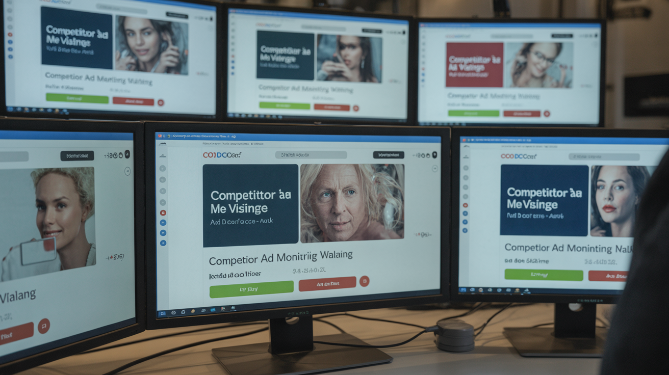 Monitors displaying competitor ad variations with headlines and images.