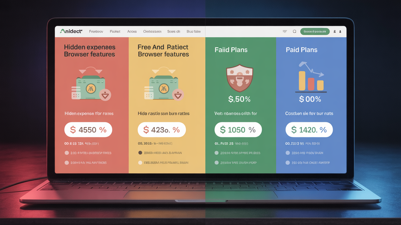 Split screen comparison of free and paid antidetect browser features and costs.