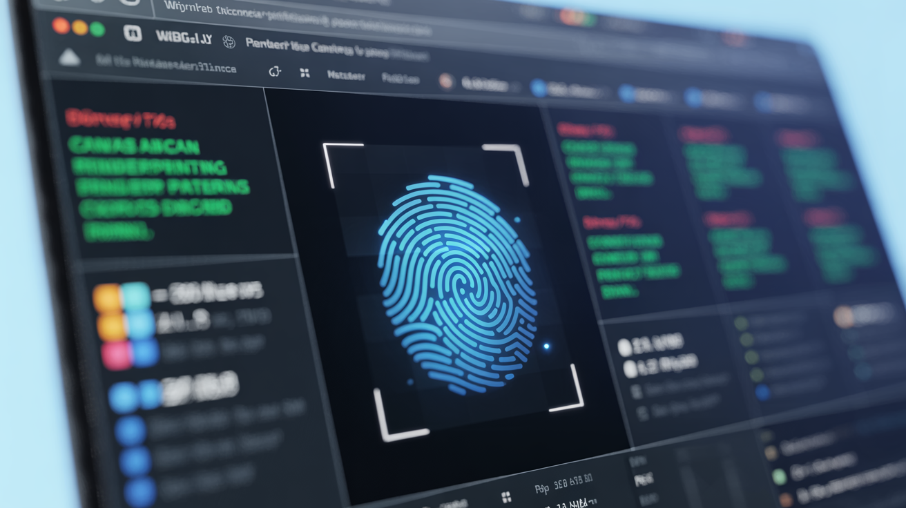 Computer screen with browser fingerprint data and highlighted patterns.