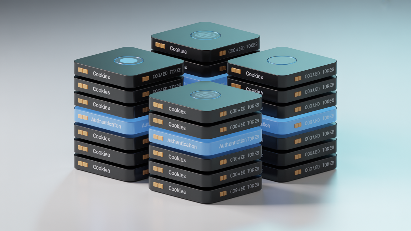 Stacked digital storage layers labeled with data types like cookies and tokens.