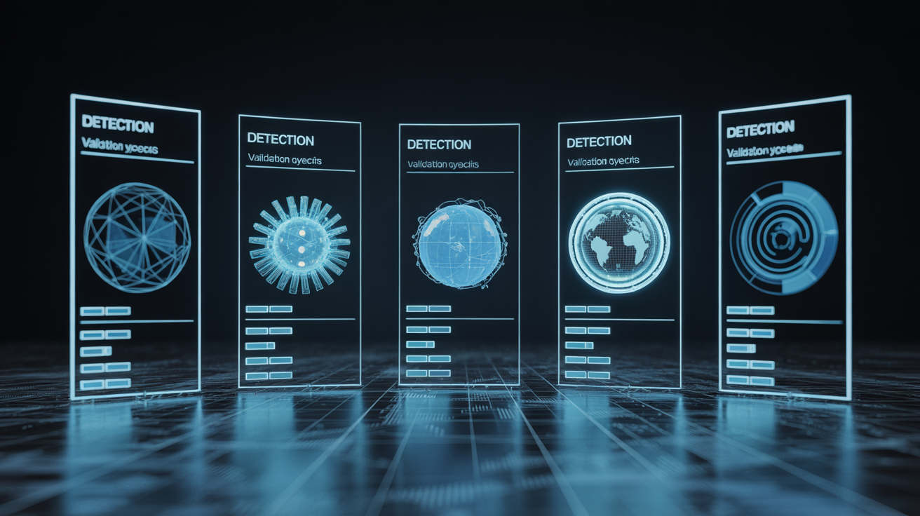 Digital detection system with five layers and validation checks, futuristic design.