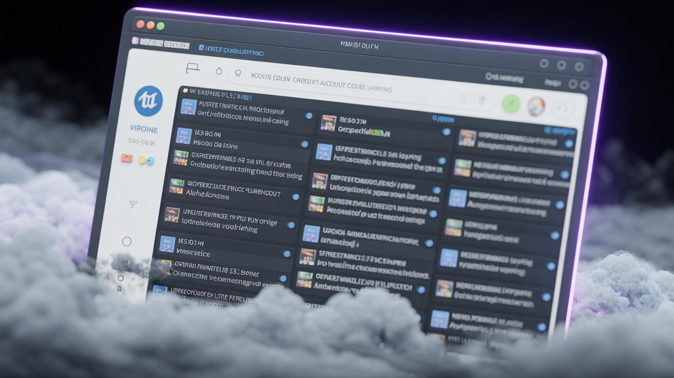 Computer screen with browser tabs open, dramatic lighting and fog.