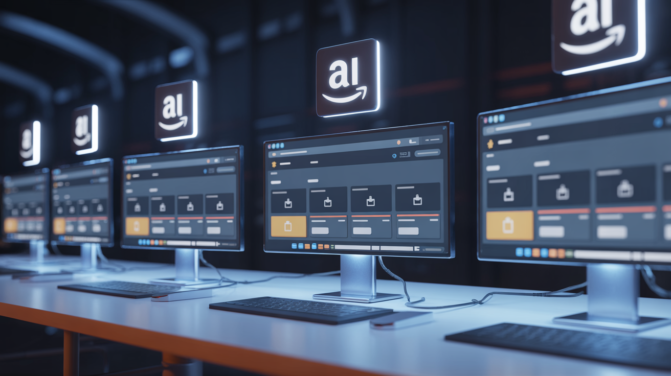 Multiple screens show Amazon dashboards with glowing ambient lights.