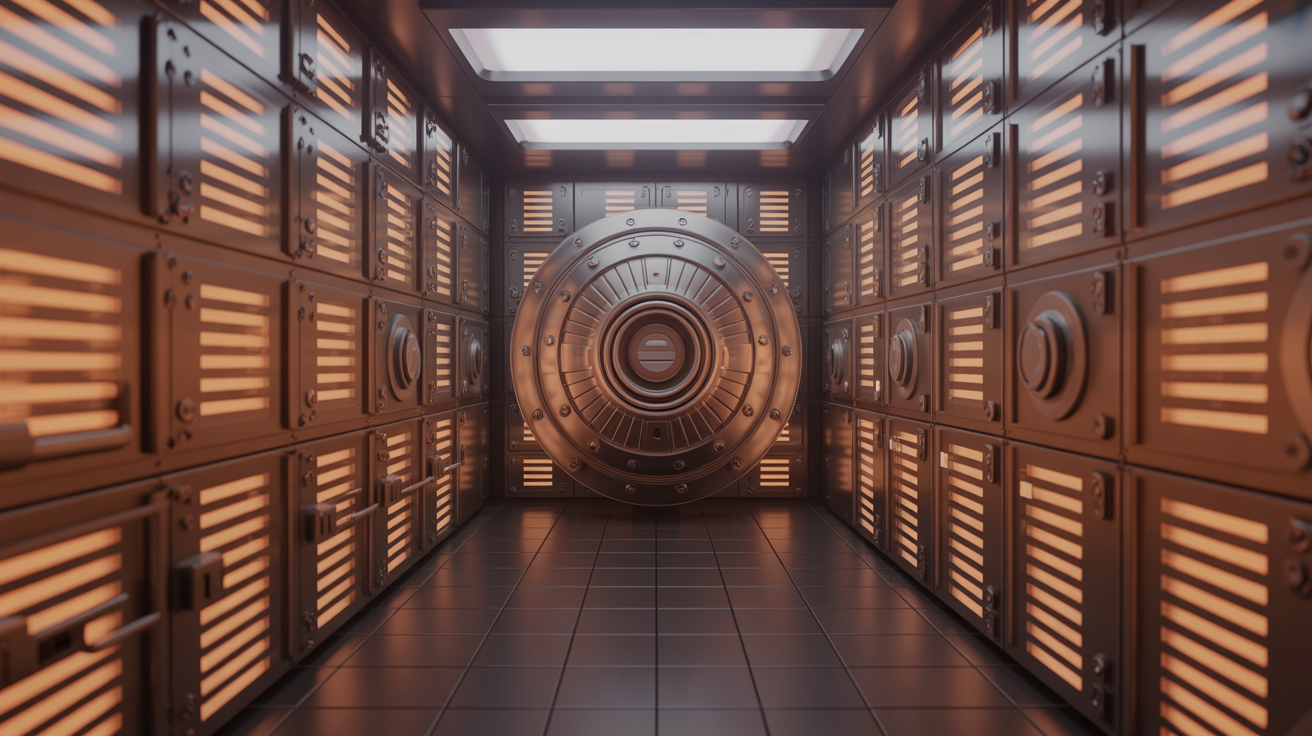 Digital vault with glowing data streams and encrypted locks.
