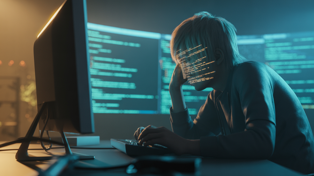Person using computer in dim room with dramatic lighting and code reflections.