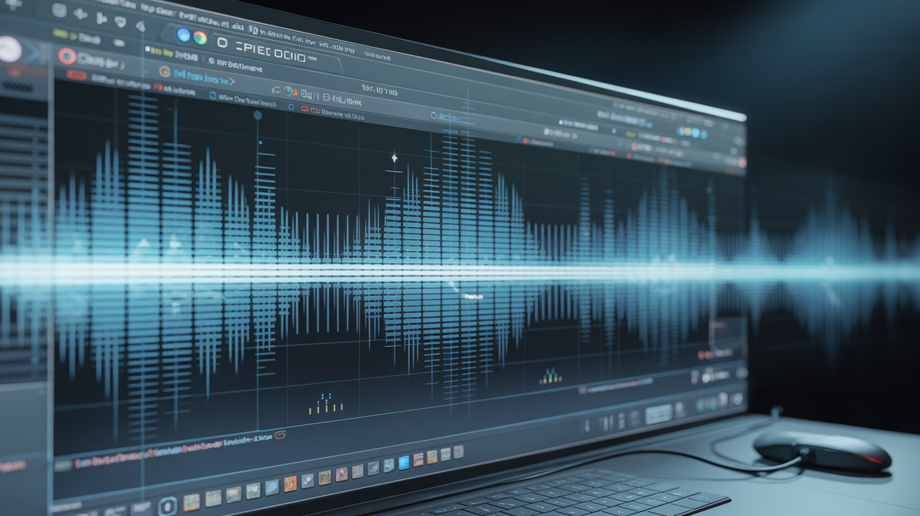 Digital sound waves and frequency data from a computer screen in a dark room.