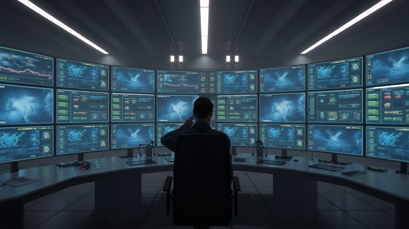 Control room with screens showing data, silhouette analyzing patterns.