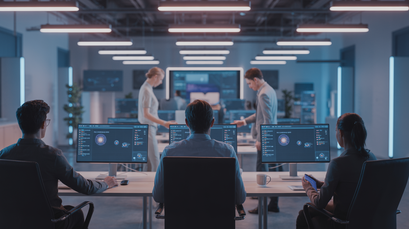 Marketing team with computers showing browser automation in a modern office.