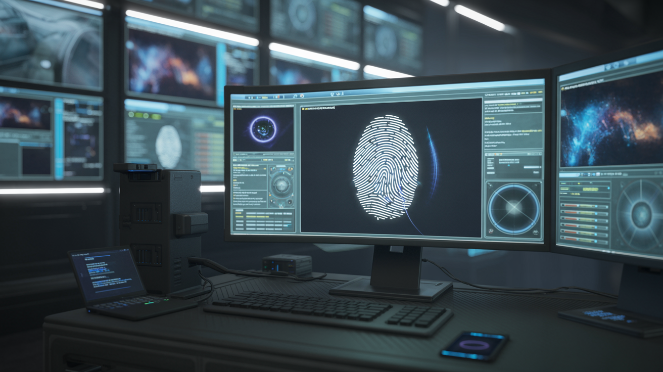 Futuristic computer setup with screens showing graphics, representing canvas fingerprinting.