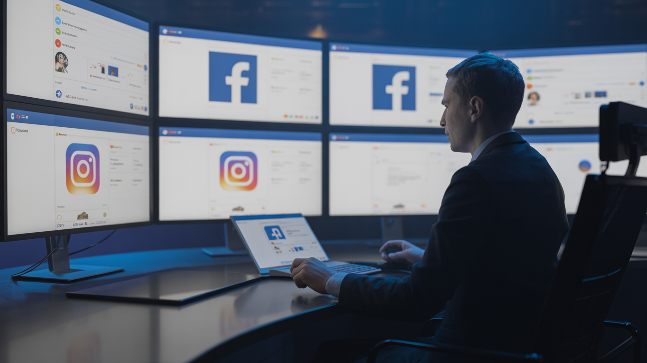 Person at computer with Facebook and Instagram dashboards, dramatic lighting, fog.