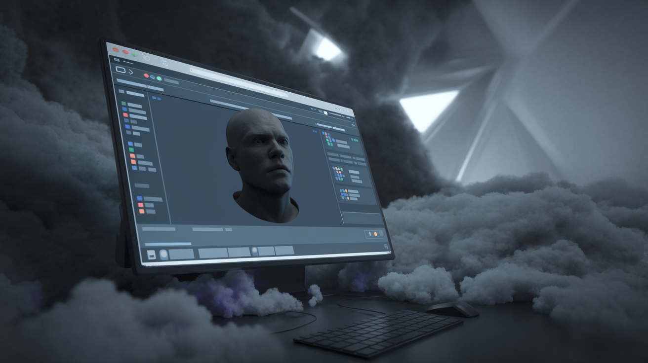 Computer screen showing headless browser in dramatic lighting and fog.