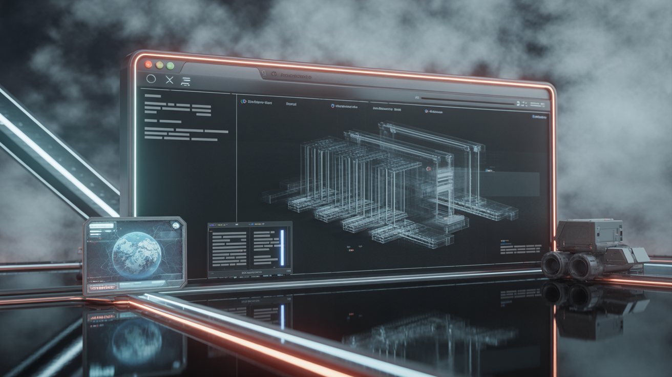Computer interface with browser architecture diagrams in dramatic lighting.