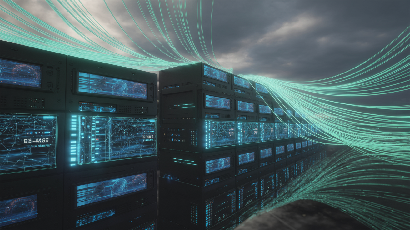 Digital network with data streams representing TLS handshakes in dramatic lighting.