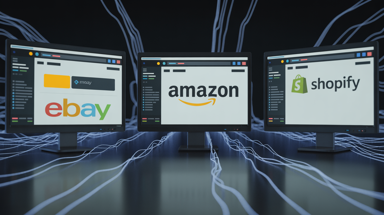 Computer screens with Amazon, eBay, Shopify interfaces, dramatic lighting and fog.