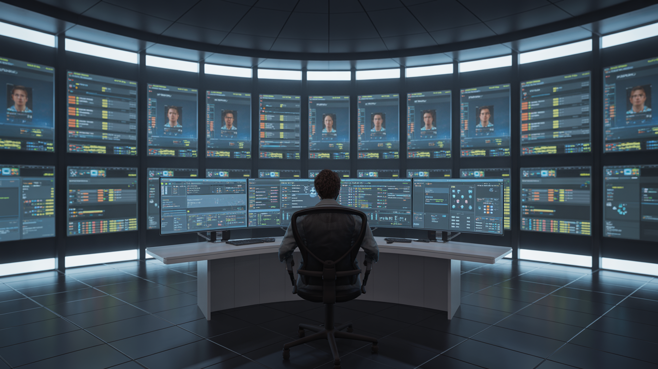 Digital control center with screens showing profile setups and configurations.