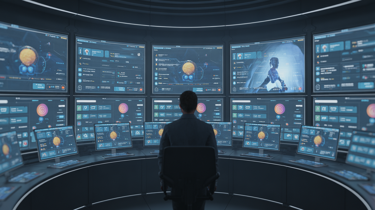 Futuristic control room with holographic screens and a silhouetted figure.