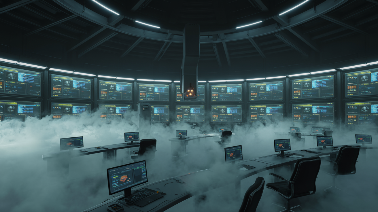 Futuristic control room with glowing screens in volumetric fog and dramatic lighting.
