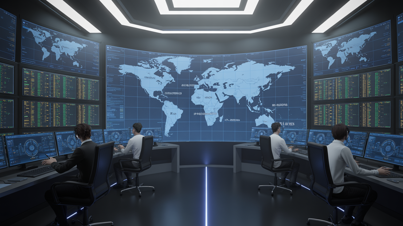 Control room with monitors showing maps, timezones, and IP addresses.