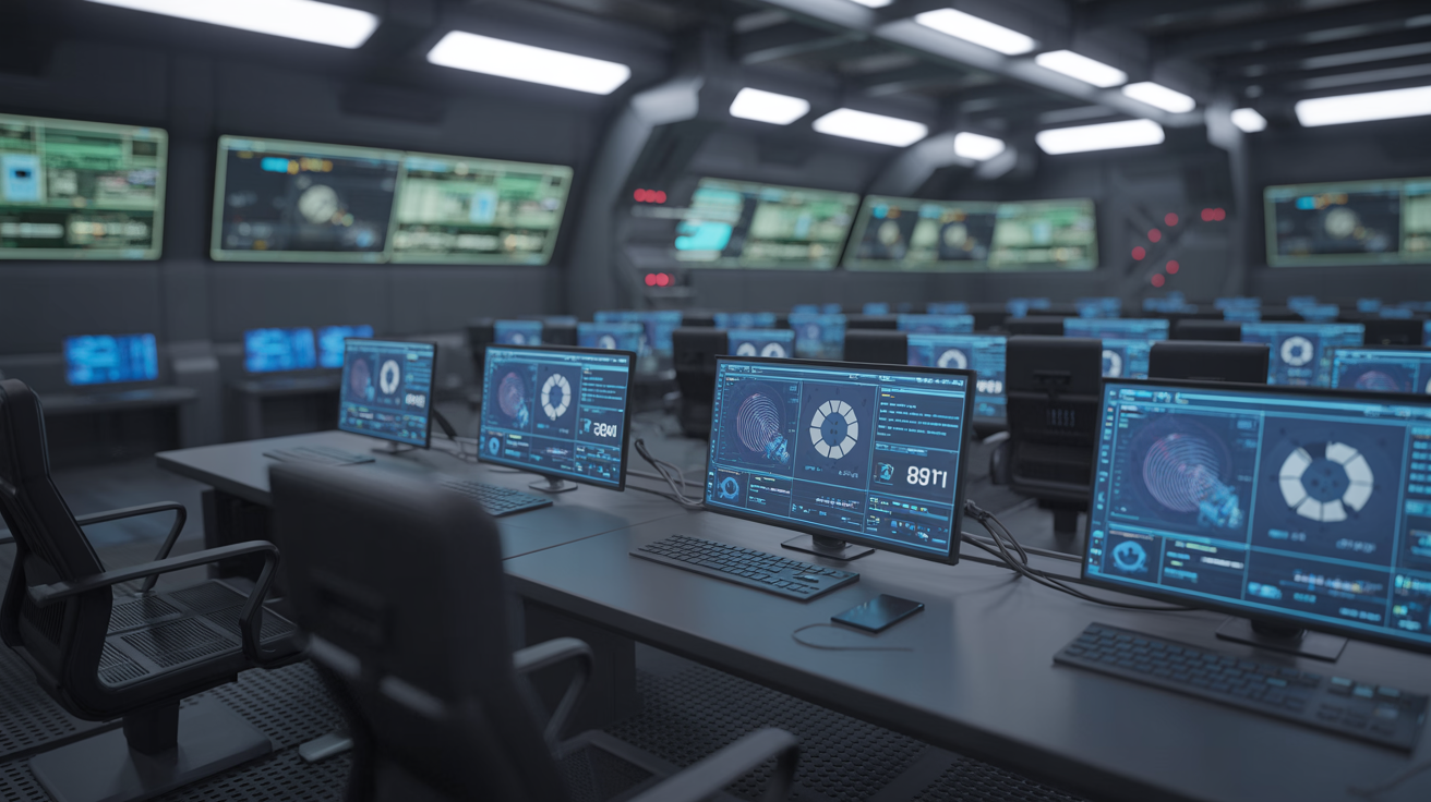 Futuristic control room with monitors showing GPU and WebGL data.