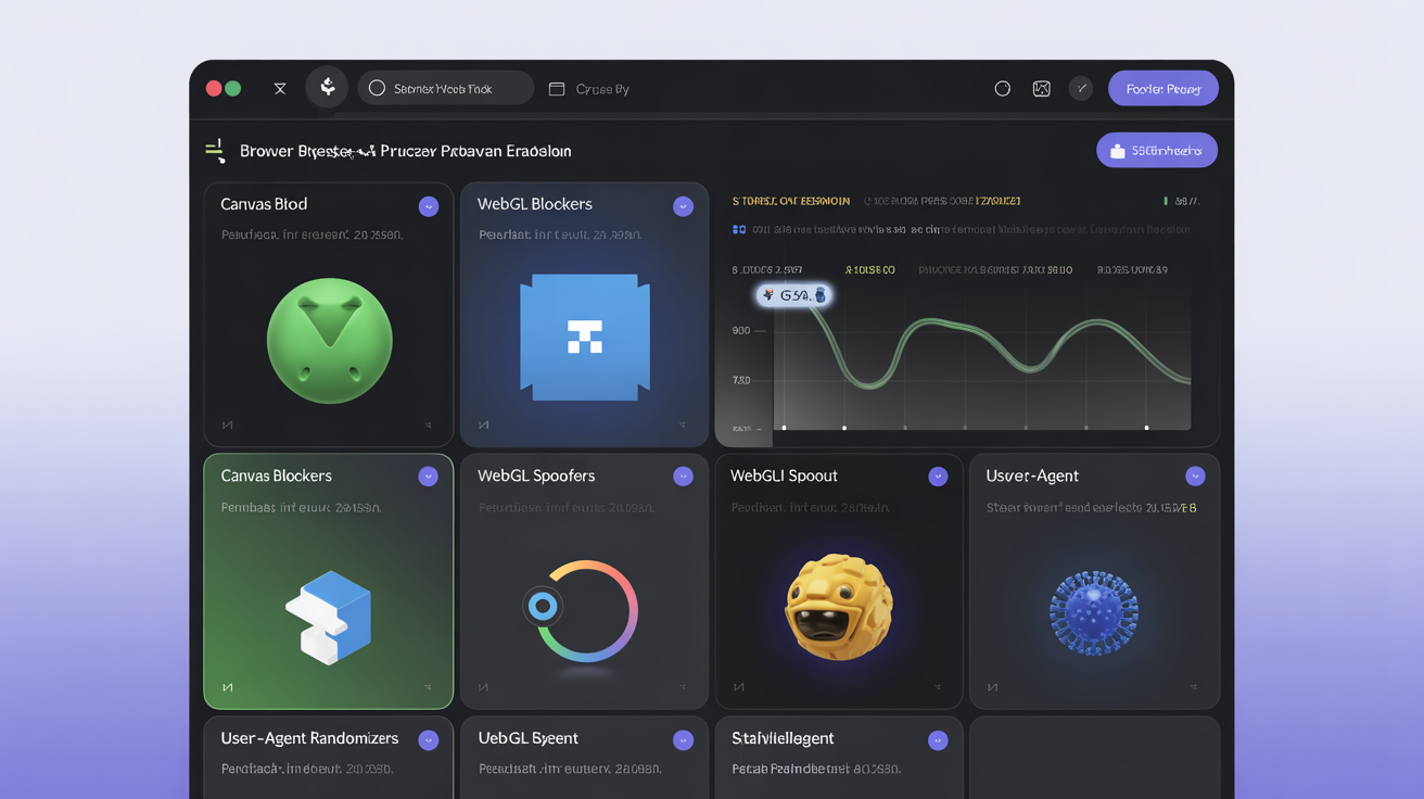 Browser privacy extension interface with canvas blockers and randomizers, technical layout.