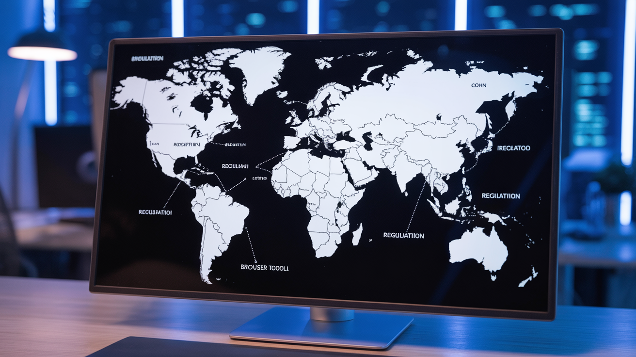World map on screen with highlighted regions for regulation differences.