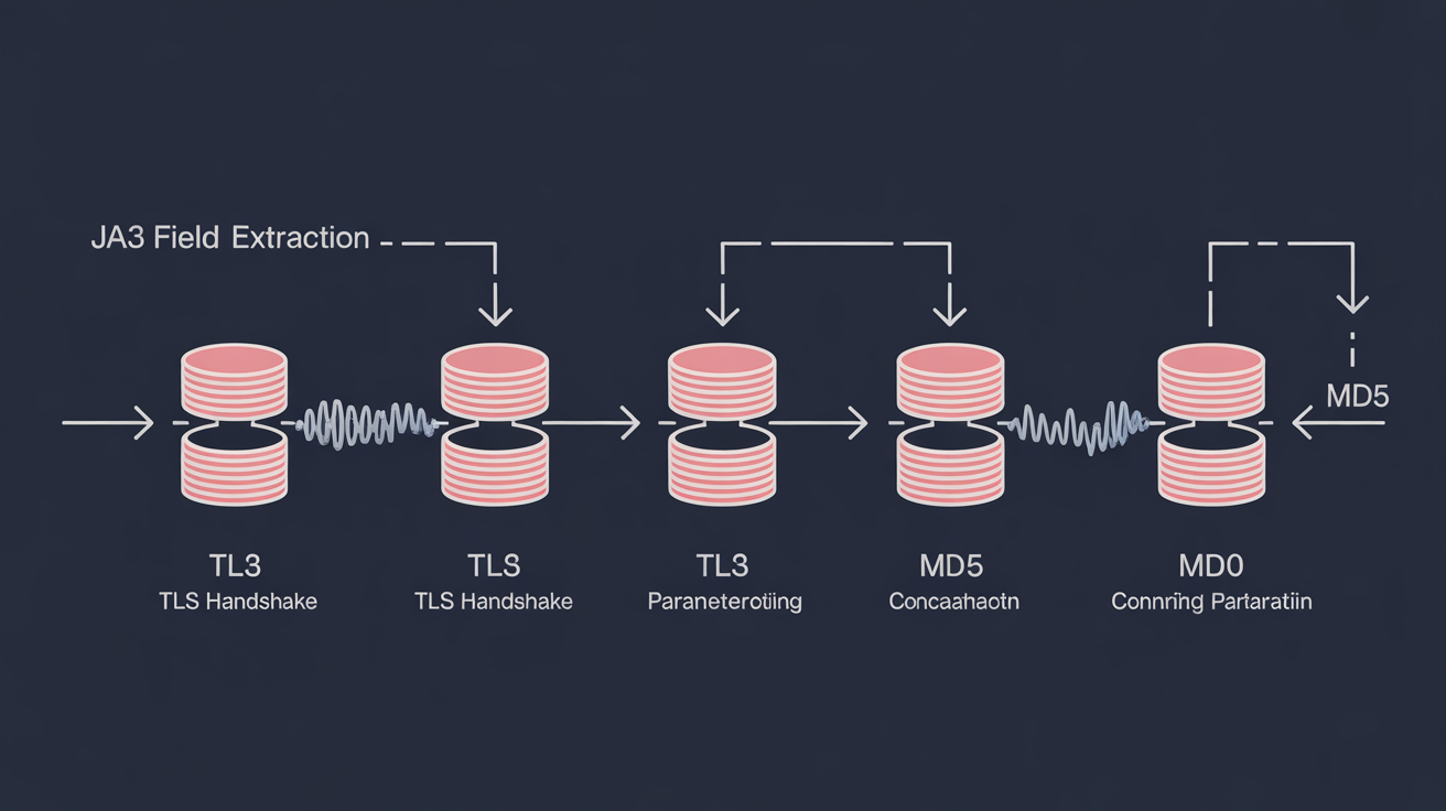 Diagram of JA3 field extraction with TLS parameters and MD5 hash.