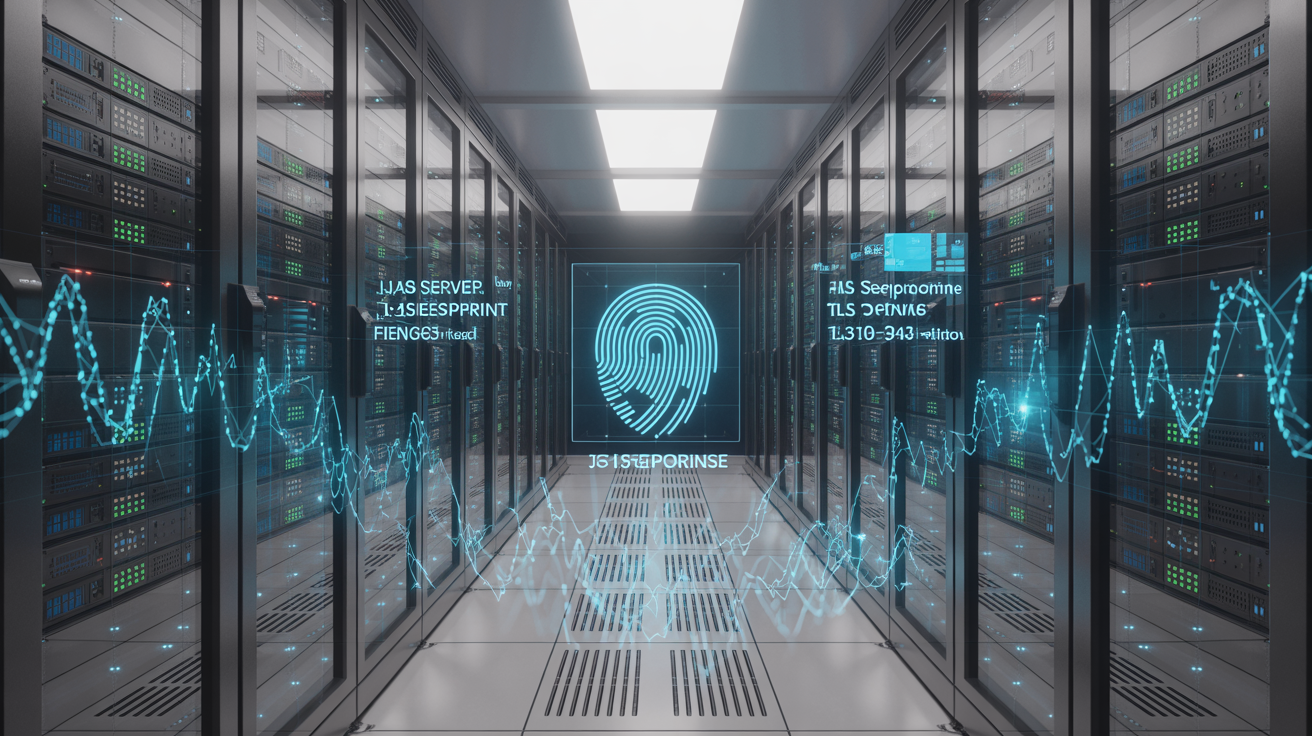 Server room with overlay showing TLS handshake and JA3S fingerprints.