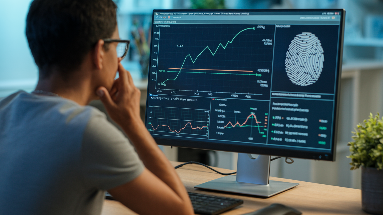 Person studying data on a computer screen, analyzing protection methods.