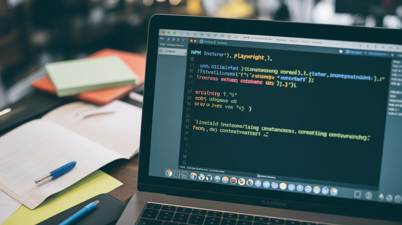 Programmer's desk with laptop showing Playwright setup code and notes.