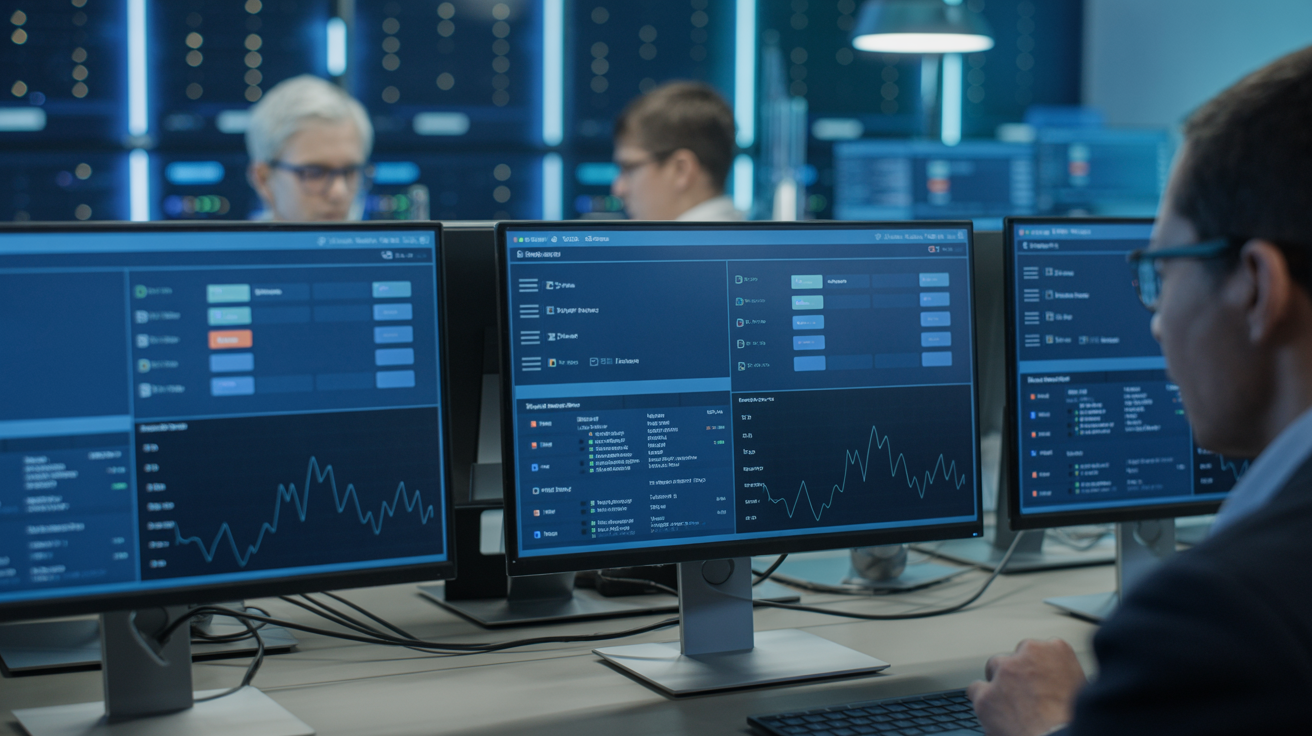 Multiple monitors in an office showing browser profiles and usage graphs.