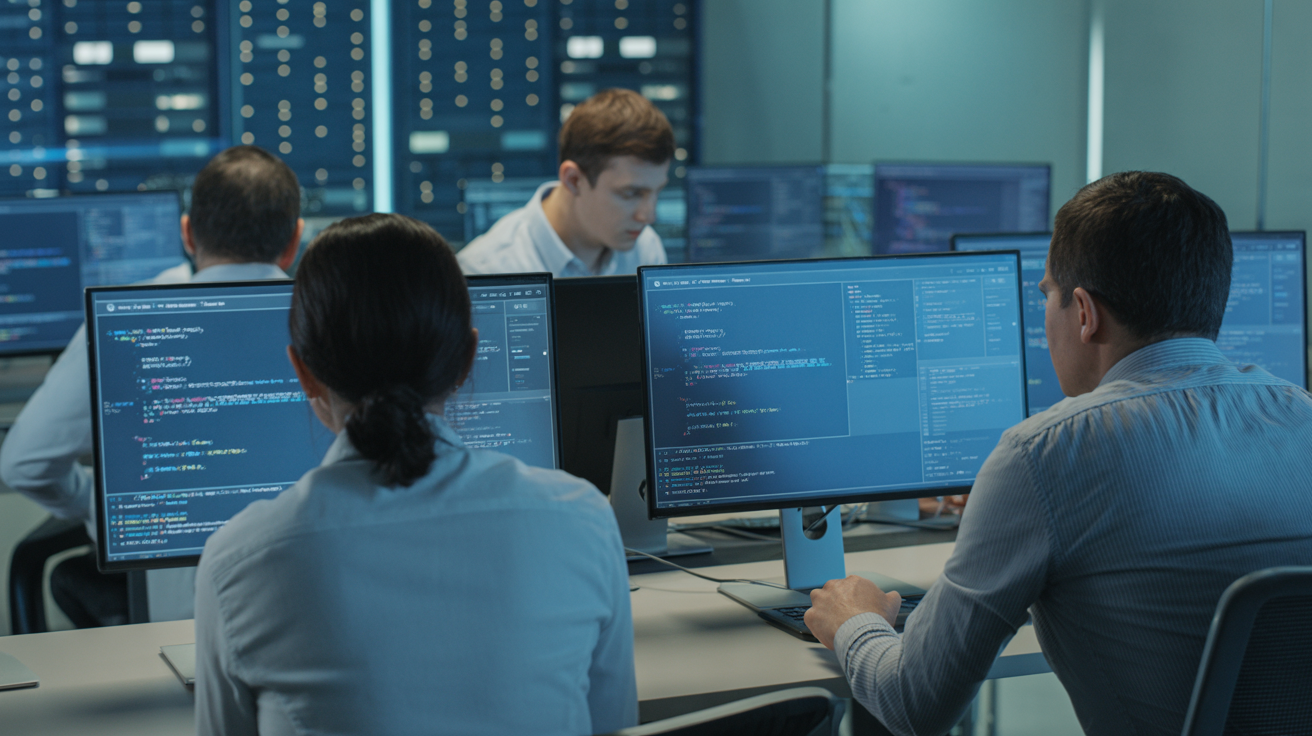 Engineers analyzing code differences on multiple screens.