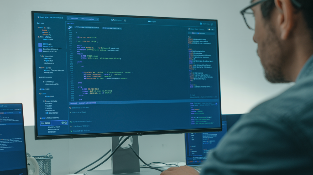Developer modifying C++ source code on a monitor.