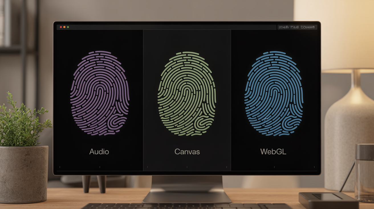 Comparison of fingerprinting methods including audio, canvas, and WebGL on a screen.
