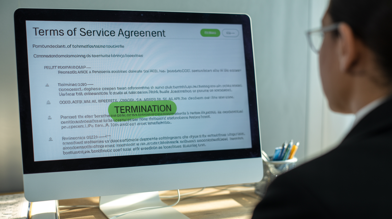 Person viewing computer screen with terms of service and highlighted clause.