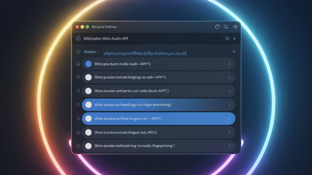 Browser settings interface showing options to disable Web Audio API.