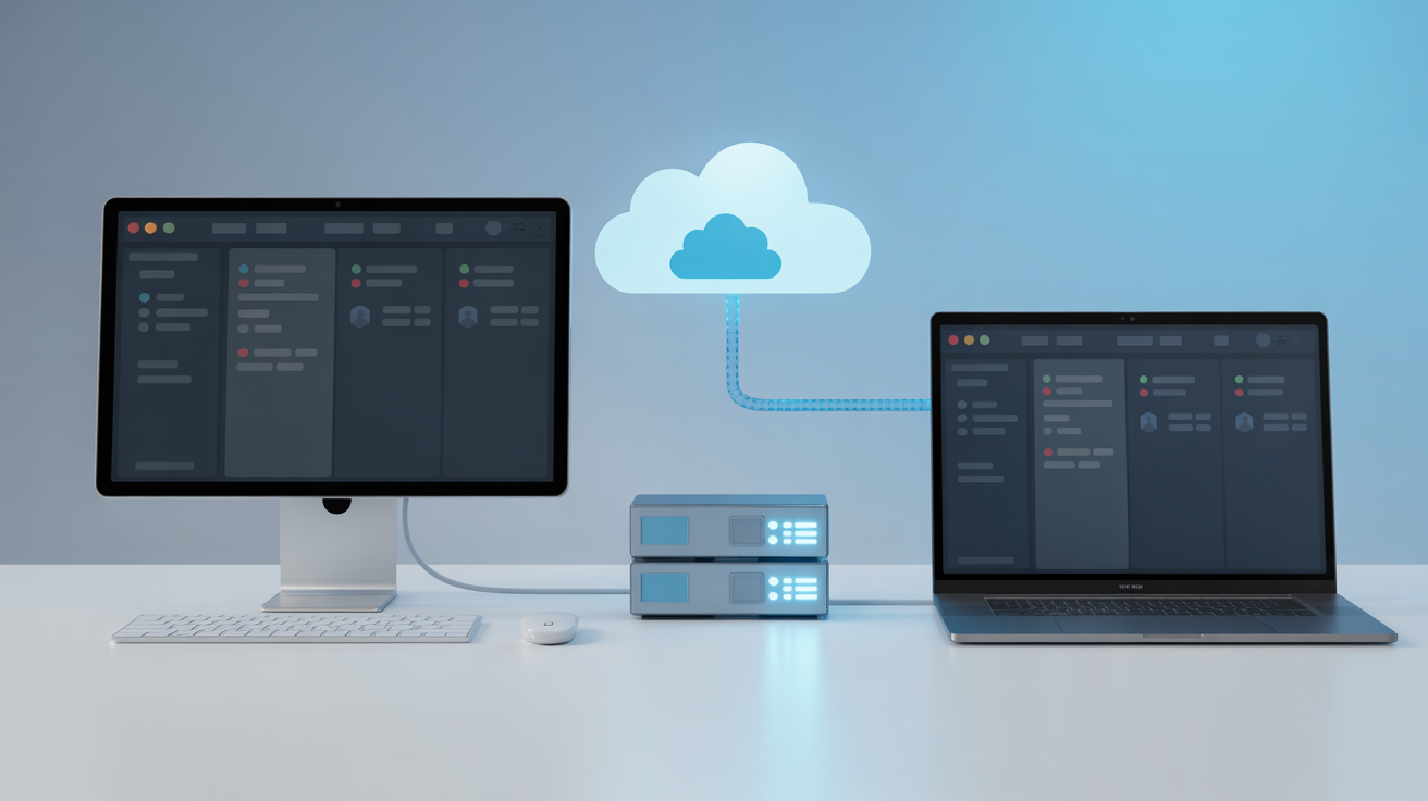 Local and cloud data storage setup with computers and server.