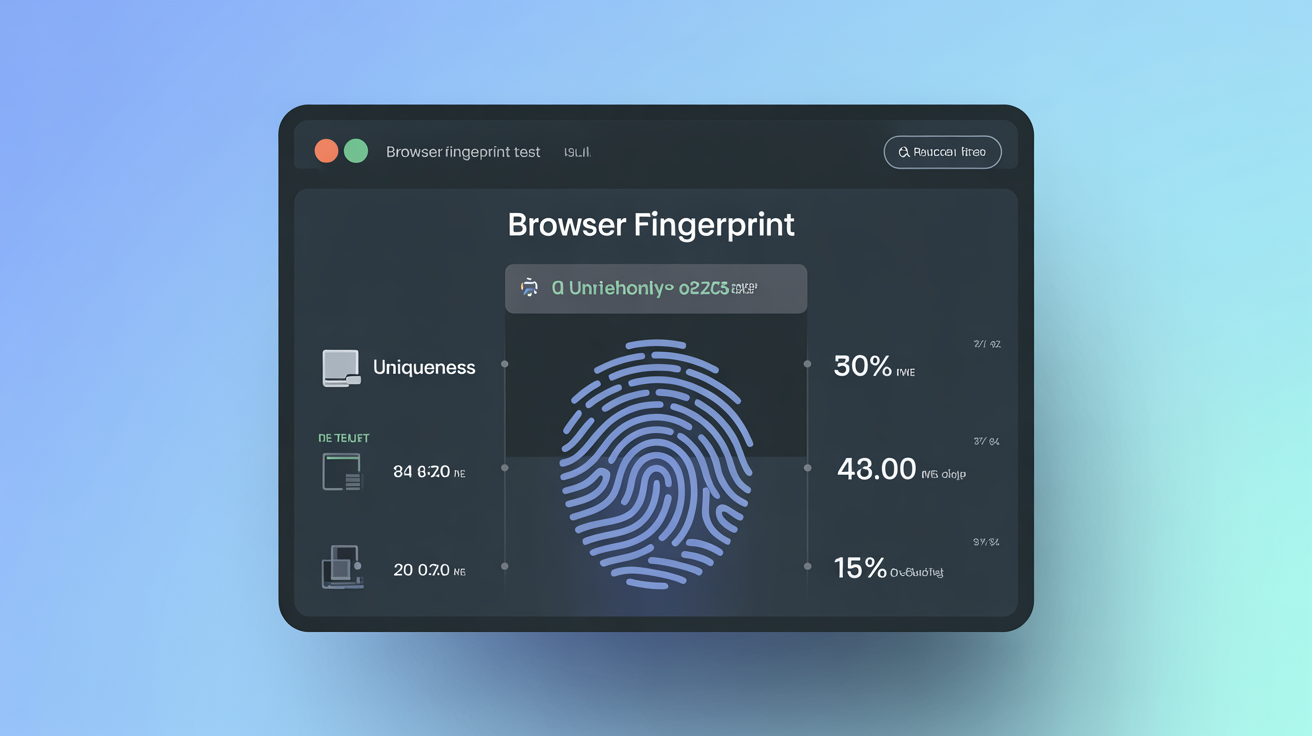 Digital dashboard showing browser fingerprint test uniqueness score.