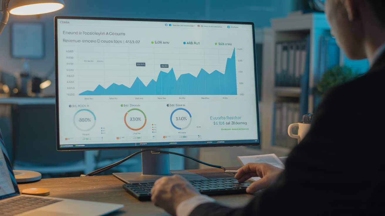 Person analyzing revenue chart on computer screen in office.