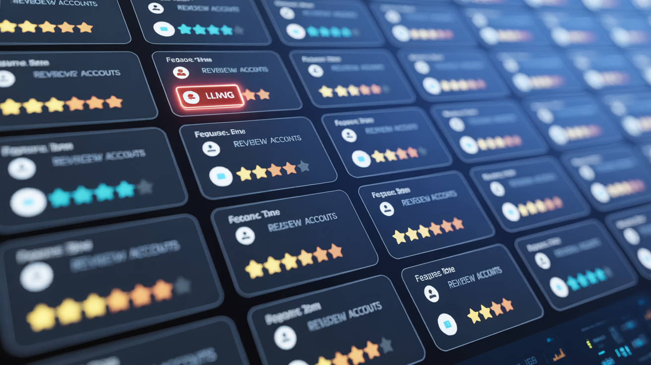 Interface showing flagged accounts in review and feedback analysis.