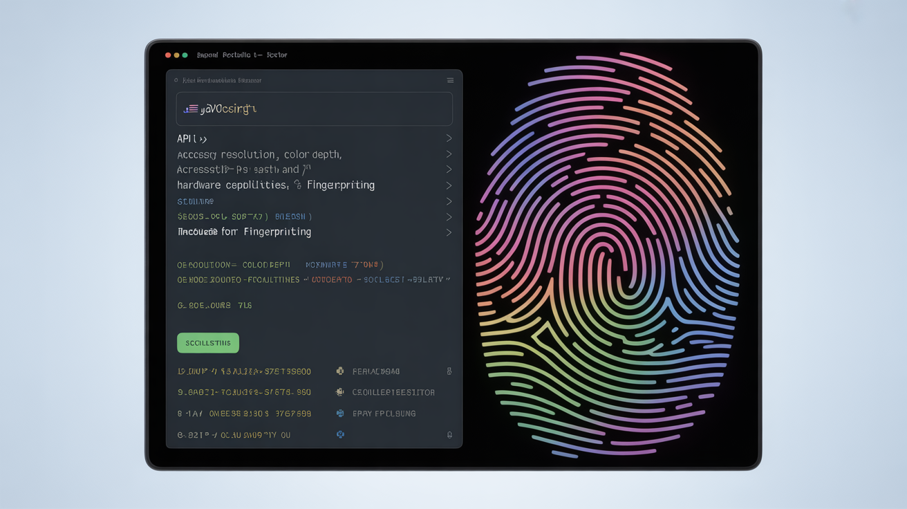 Display screen accessing resolution and color depth for fingerprinting.