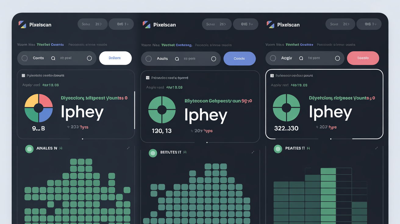Comparison of browser testing interfaces for PixelScan, IPhey, CreepJS.